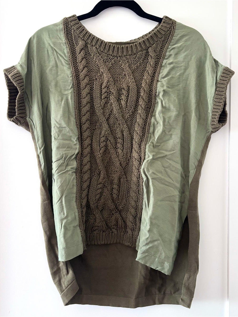 Anthropologie Cable Knit & Satin Panel Olive Green Mixed Top Size S